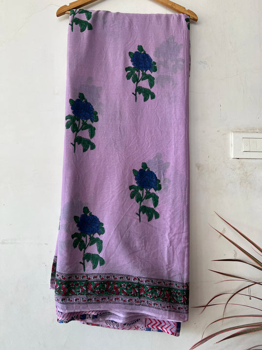 Lavender handblock print mul cotton saree with blouse