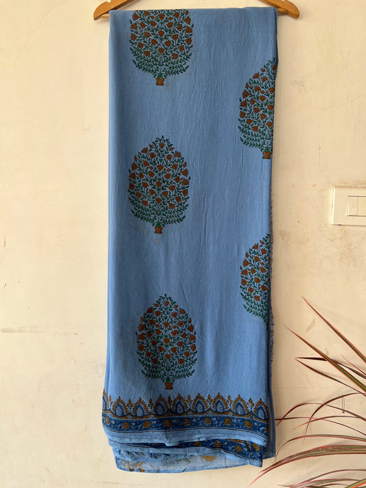 Blue handblock print mul ctton saree with blouse