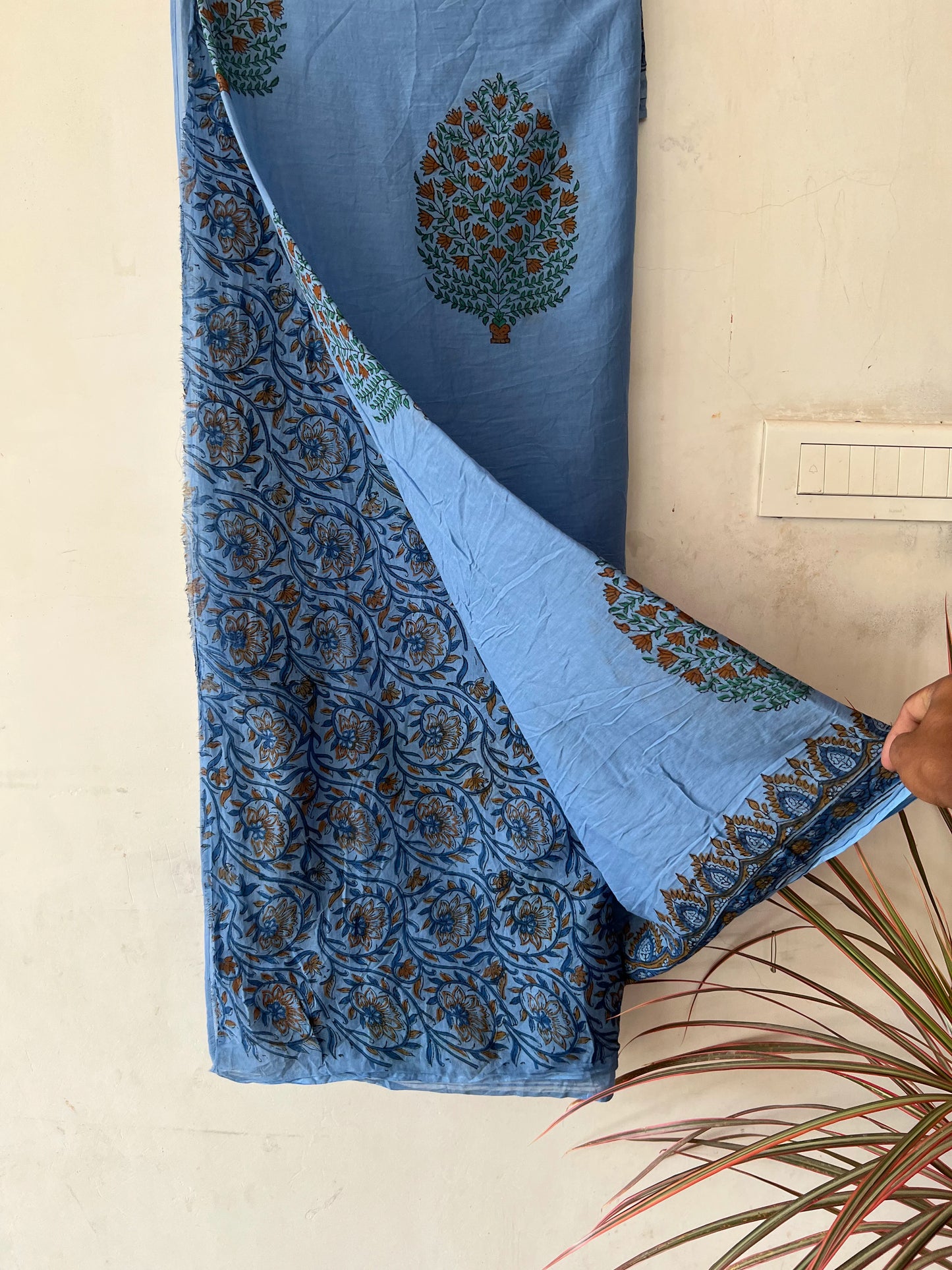 Blue handblock print mul ctton saree with blouse