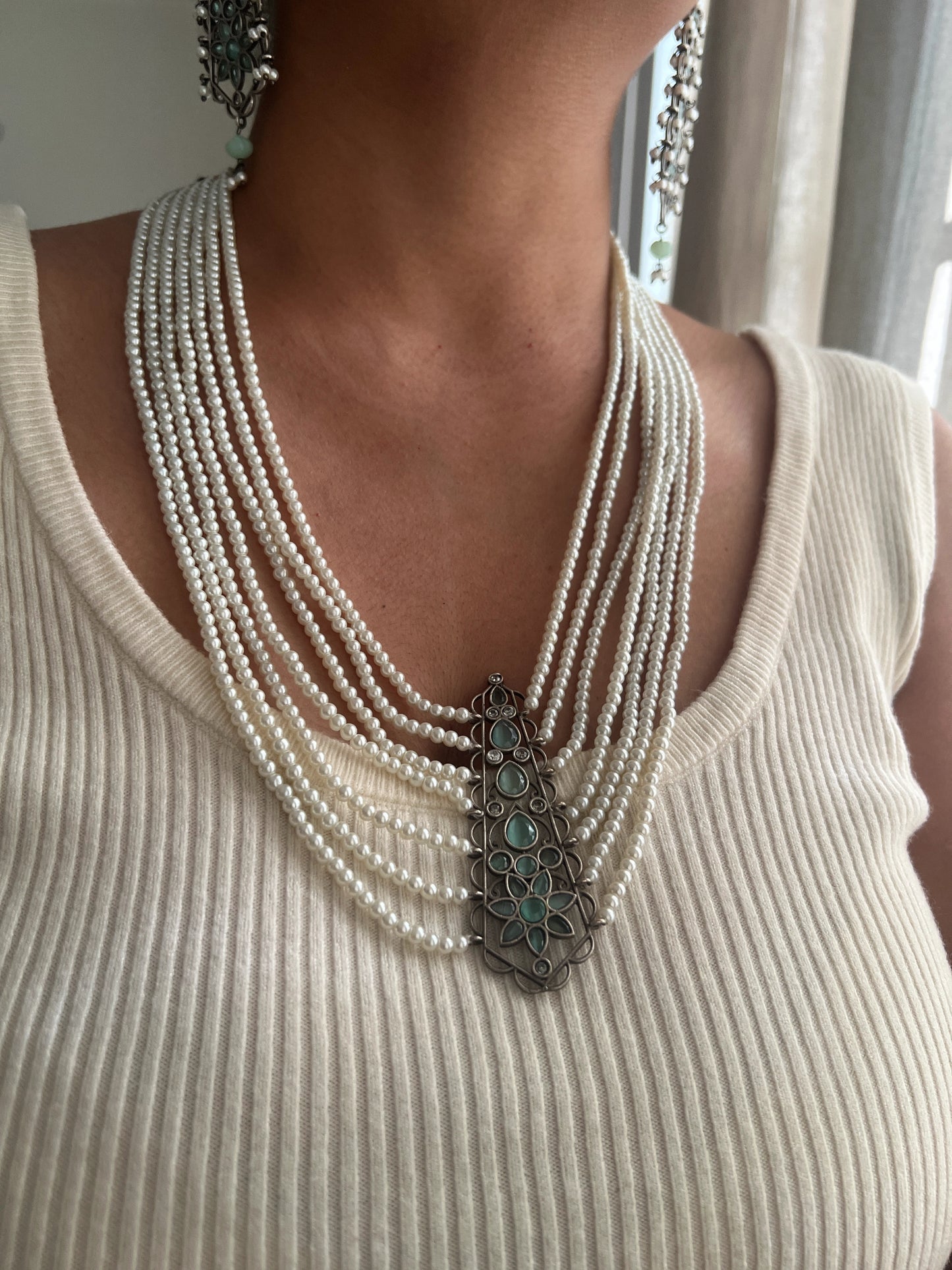 Oxidised pearl multi layer necklace set (mint)