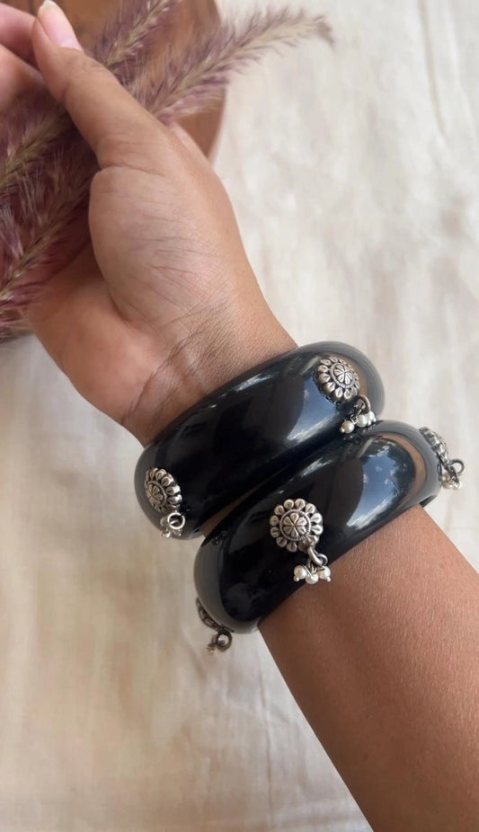 Black Resin bangles with silver motifs and pearl hangings