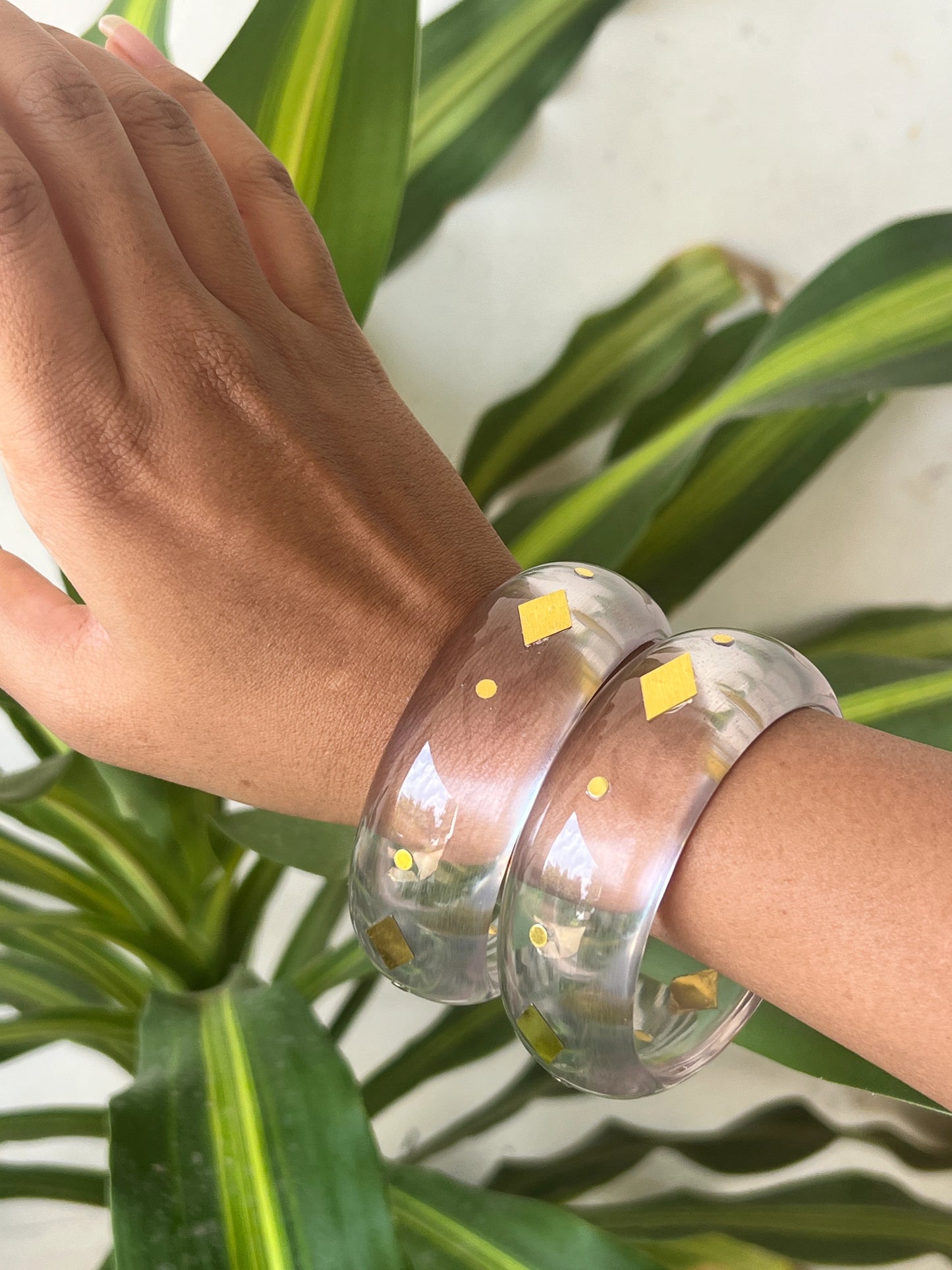 Transparent Resin bangles with gold sequins