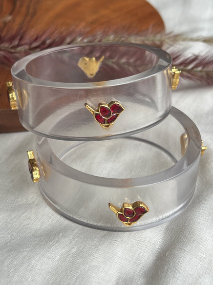 Transparent Resin bangles with kundhan bird motifs (red)