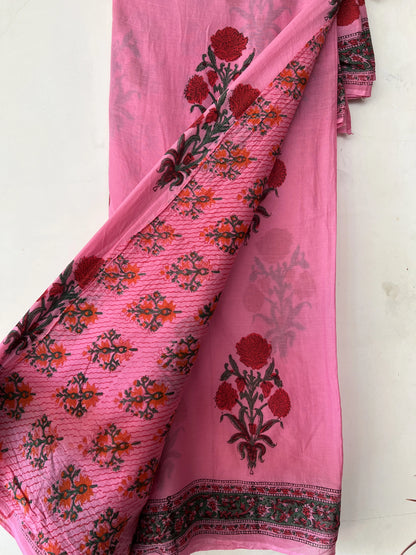 Pink handblock print mul cotton  saree with blouse
