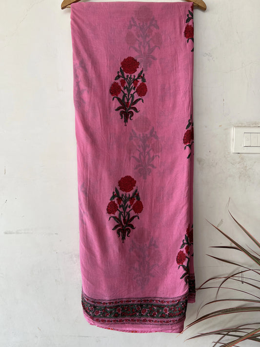 Pink handblock print mul cotton  saree with blouse