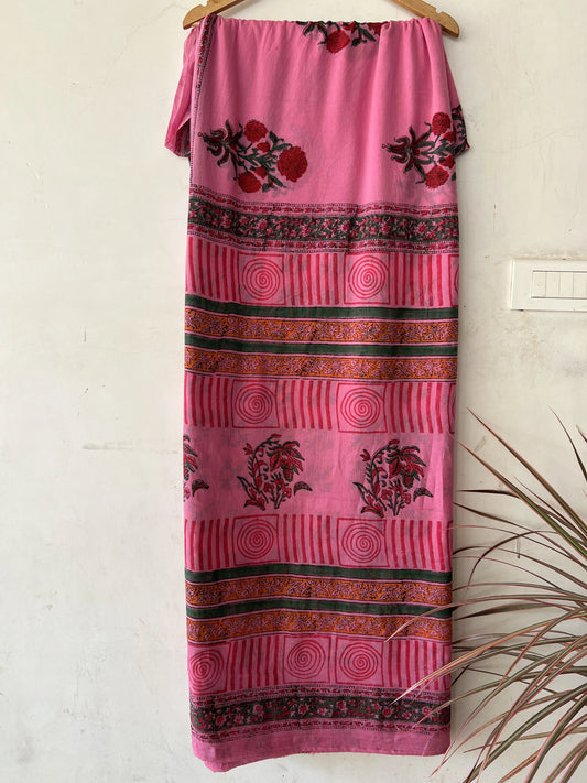 Pink handblock print mul cotton  saree with blouse