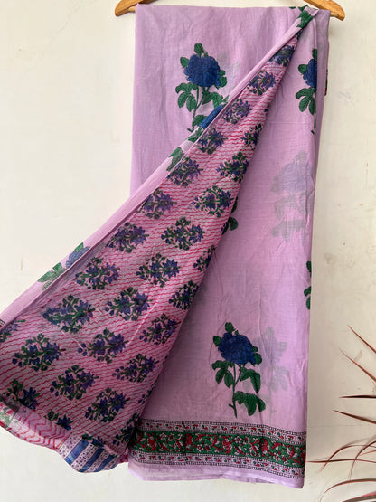 Lavender handblock print mul cotton saree with blouse