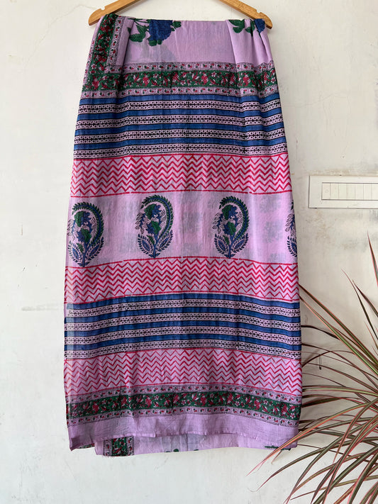 Lavender handblock print mul cotton saree with blouse