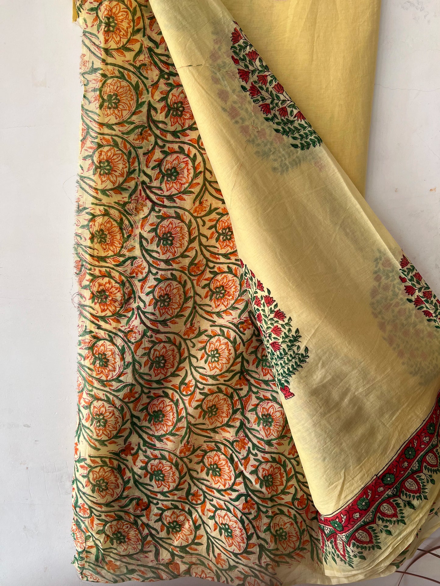 Yellow handblock print mul cotton saree with blouse