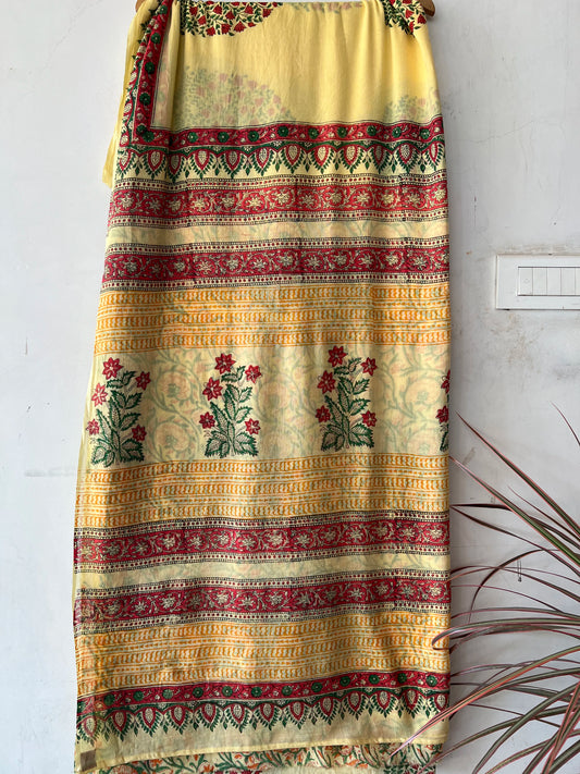 Yellow handblock print mul cotton saree with blouse