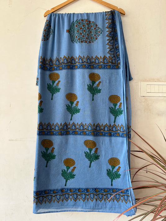 Blue handblock print mul ctton saree with blouse