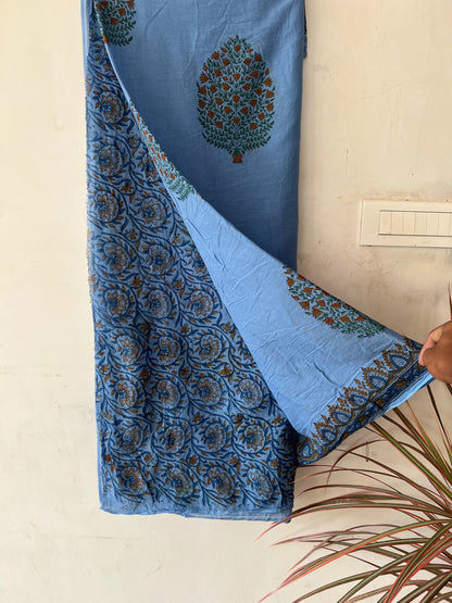 Blue handblock print mul ctton saree with blouse