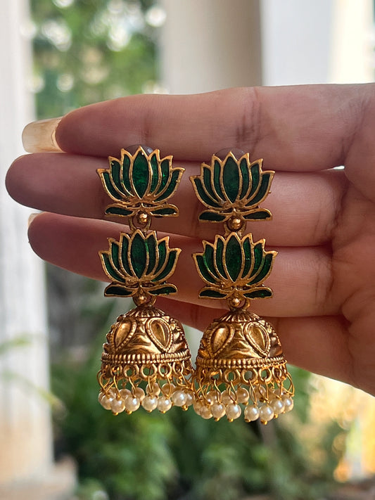 Green double Lotus jhumkas