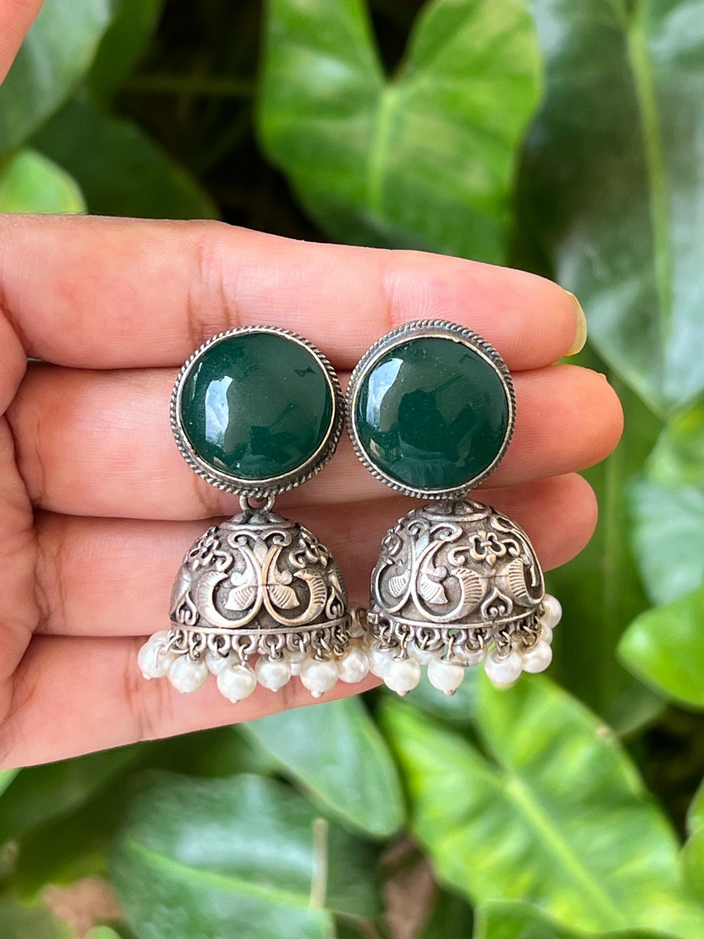 Green stone jhumkas