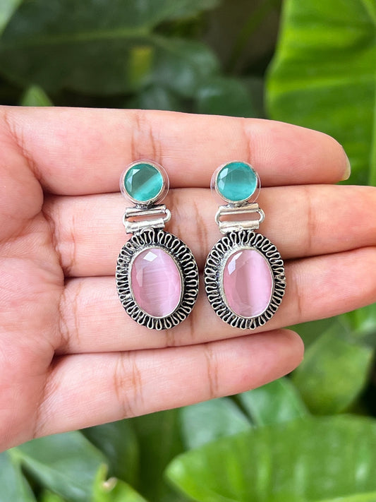 Oxidised pink and mint stone earrings