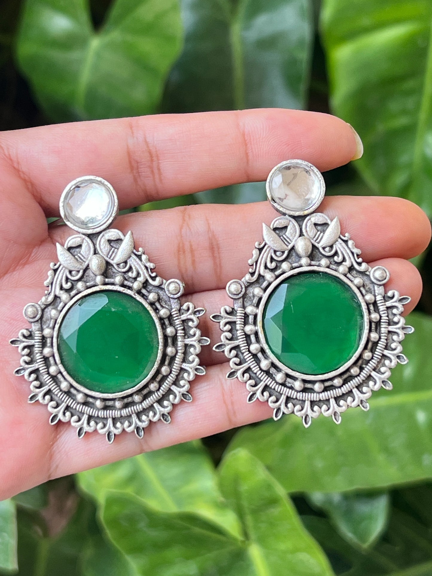 Oxidised green stone earrings