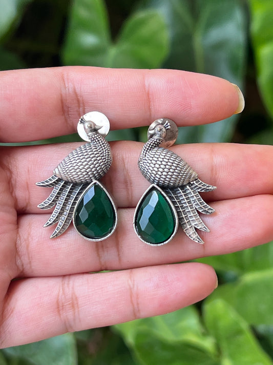 Oxidised peacock green stone earrings