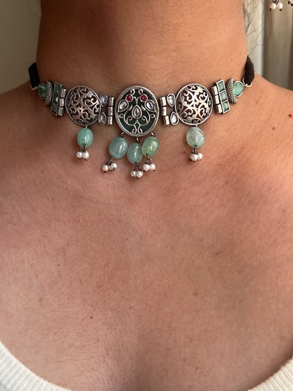 Oxidised multi stones choker set
