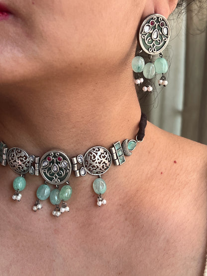Oxidised multi stones choker set