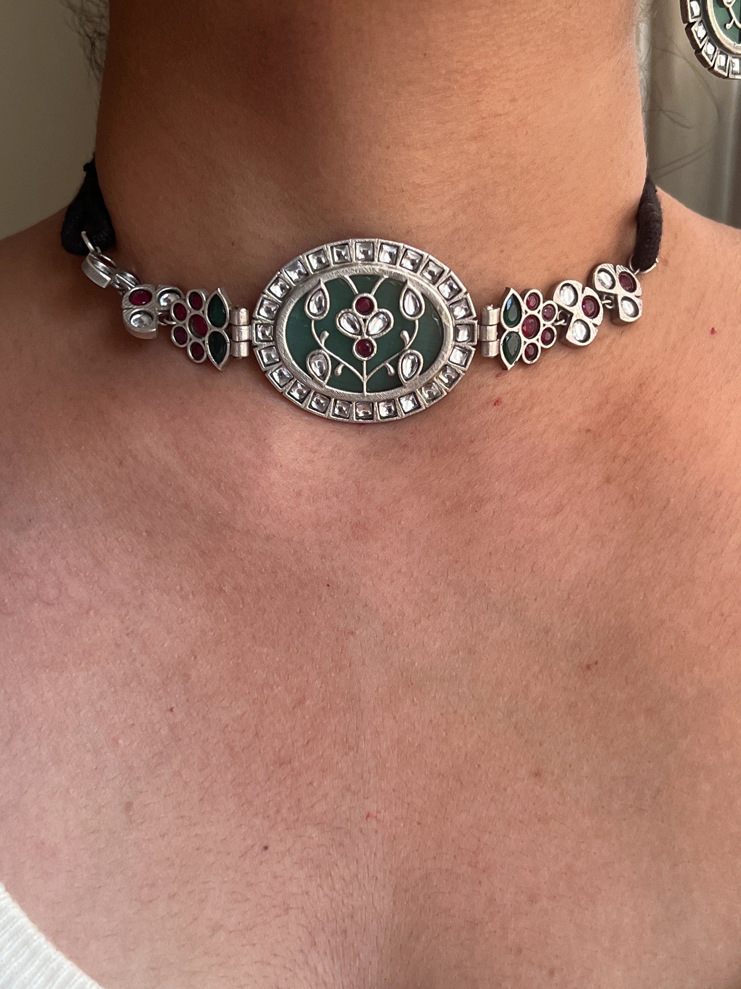 Oxidised multi stones choker set