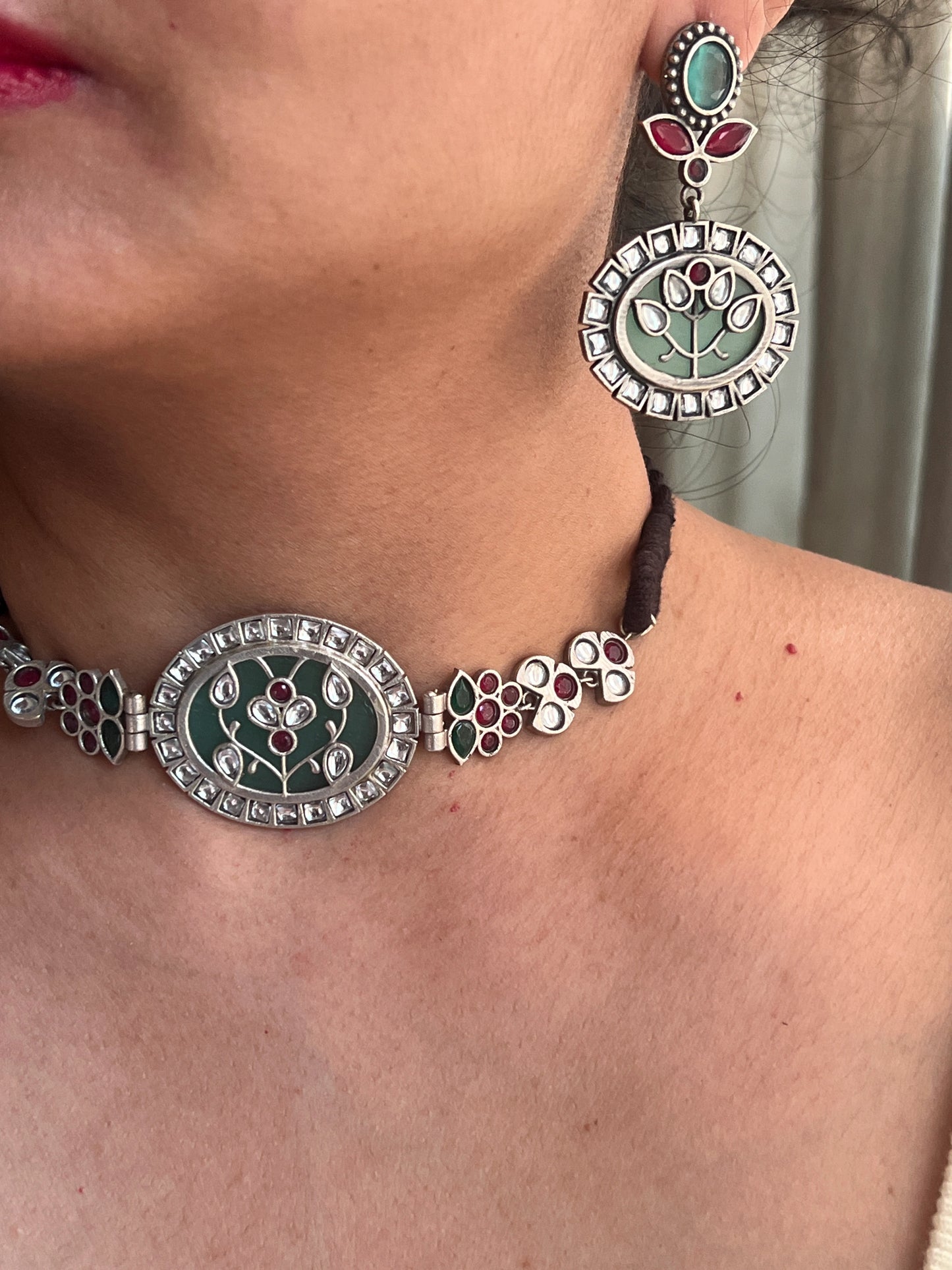 Oxidised multi stones choker set