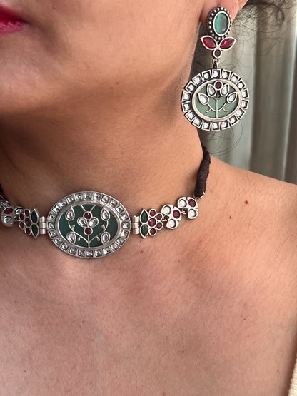 Oxidised multi stones choker set