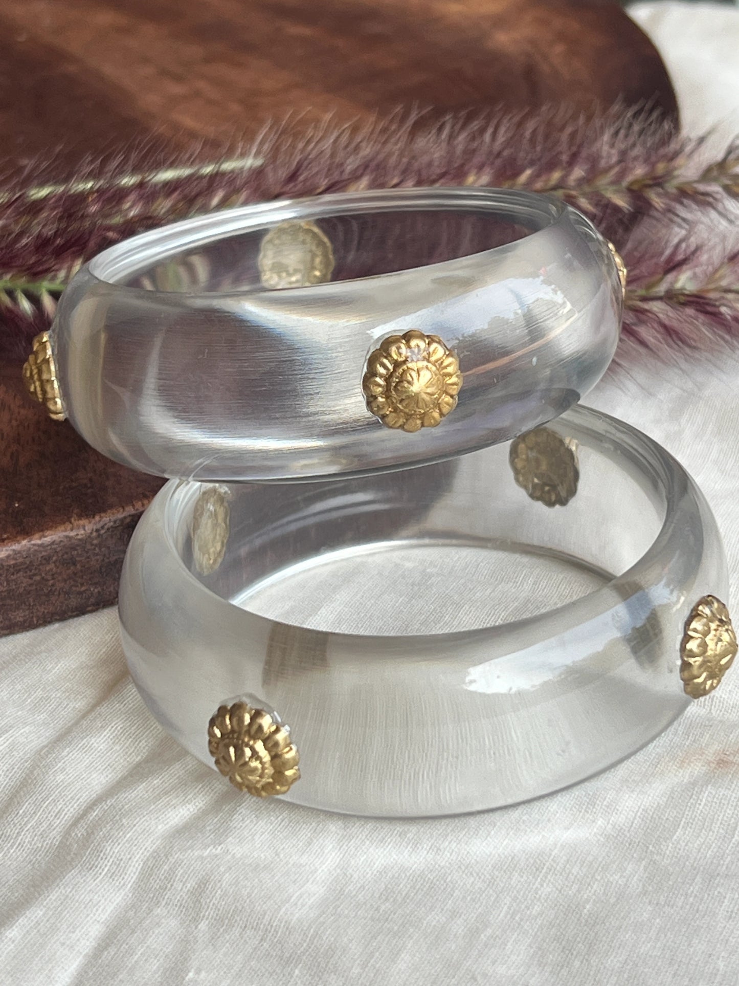 Transparent Resin bangles with gold motifs