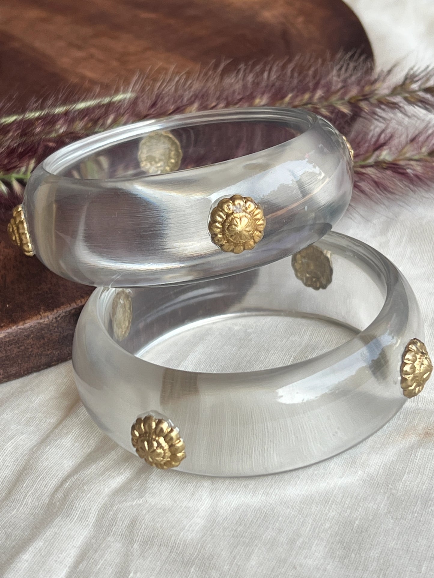 Transparent Resin bangles with gold motifs