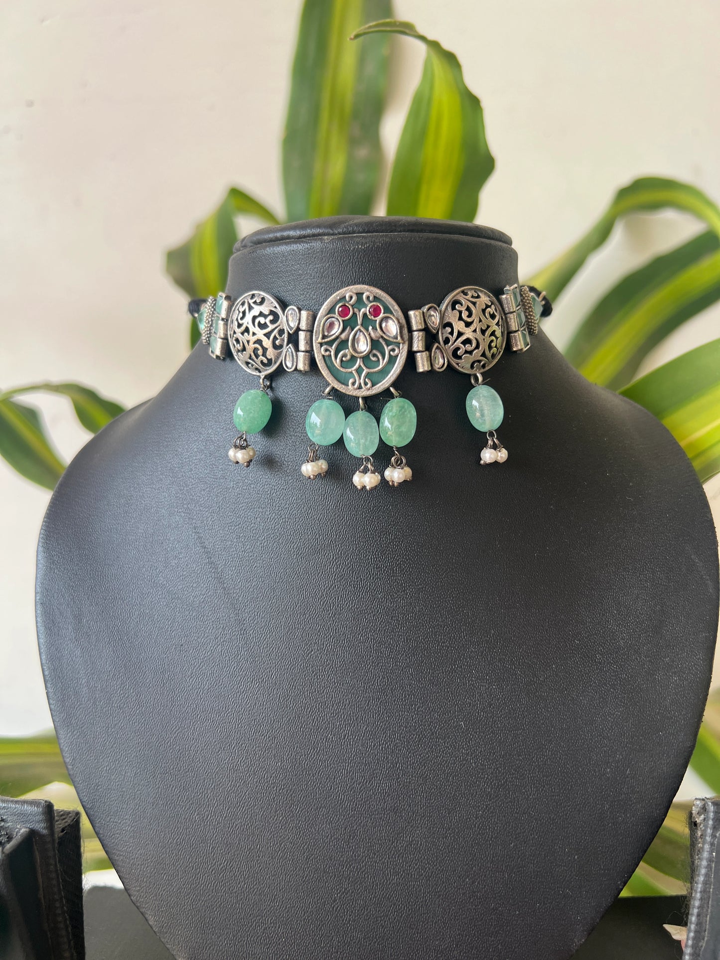 Oxidised multi stones choker set