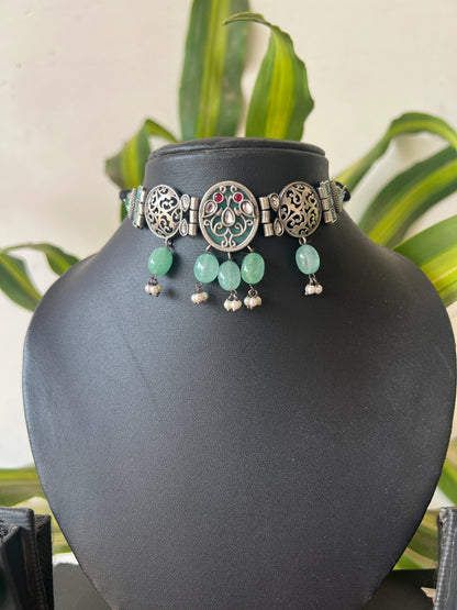 Oxidised multi stones choker set