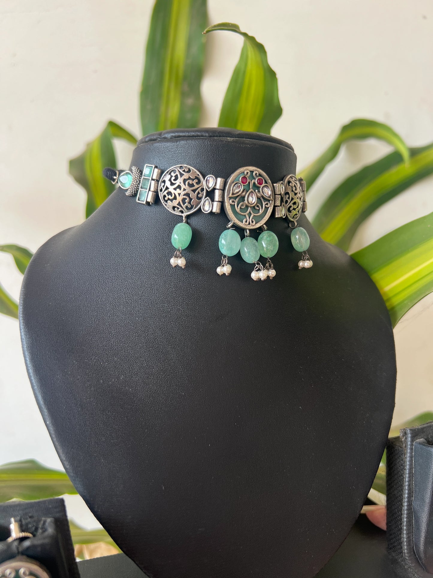 Oxidised multi stones choker set