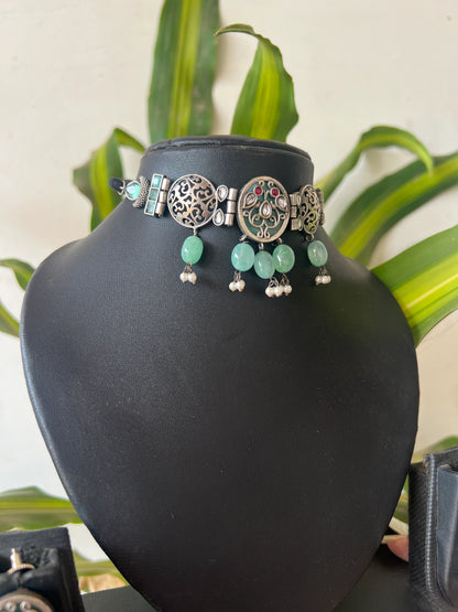 Oxidised multi stones choker set