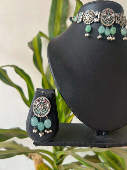 Oxidised multi stones choker set