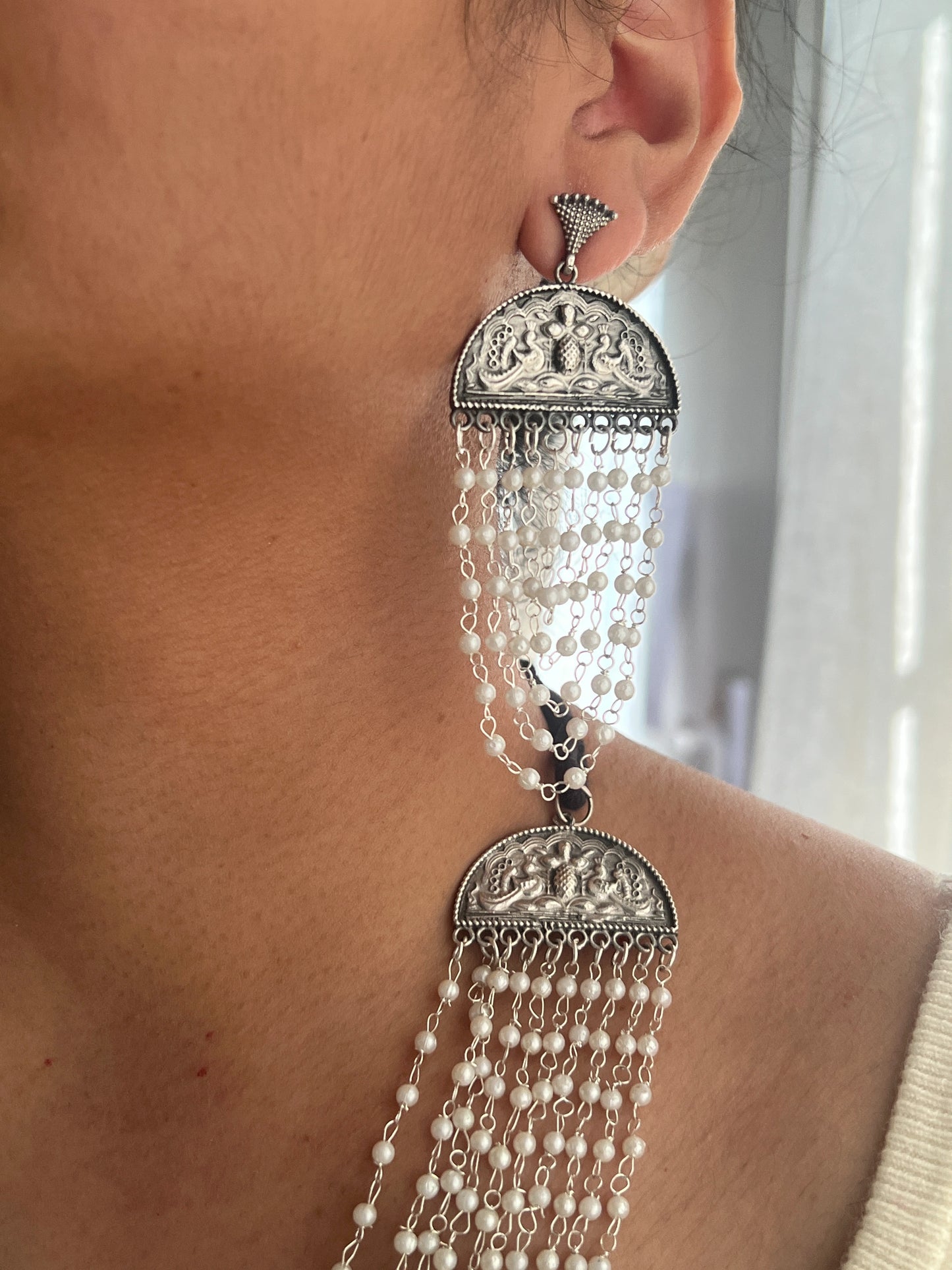 Oxidised pearl multi layer necklace set