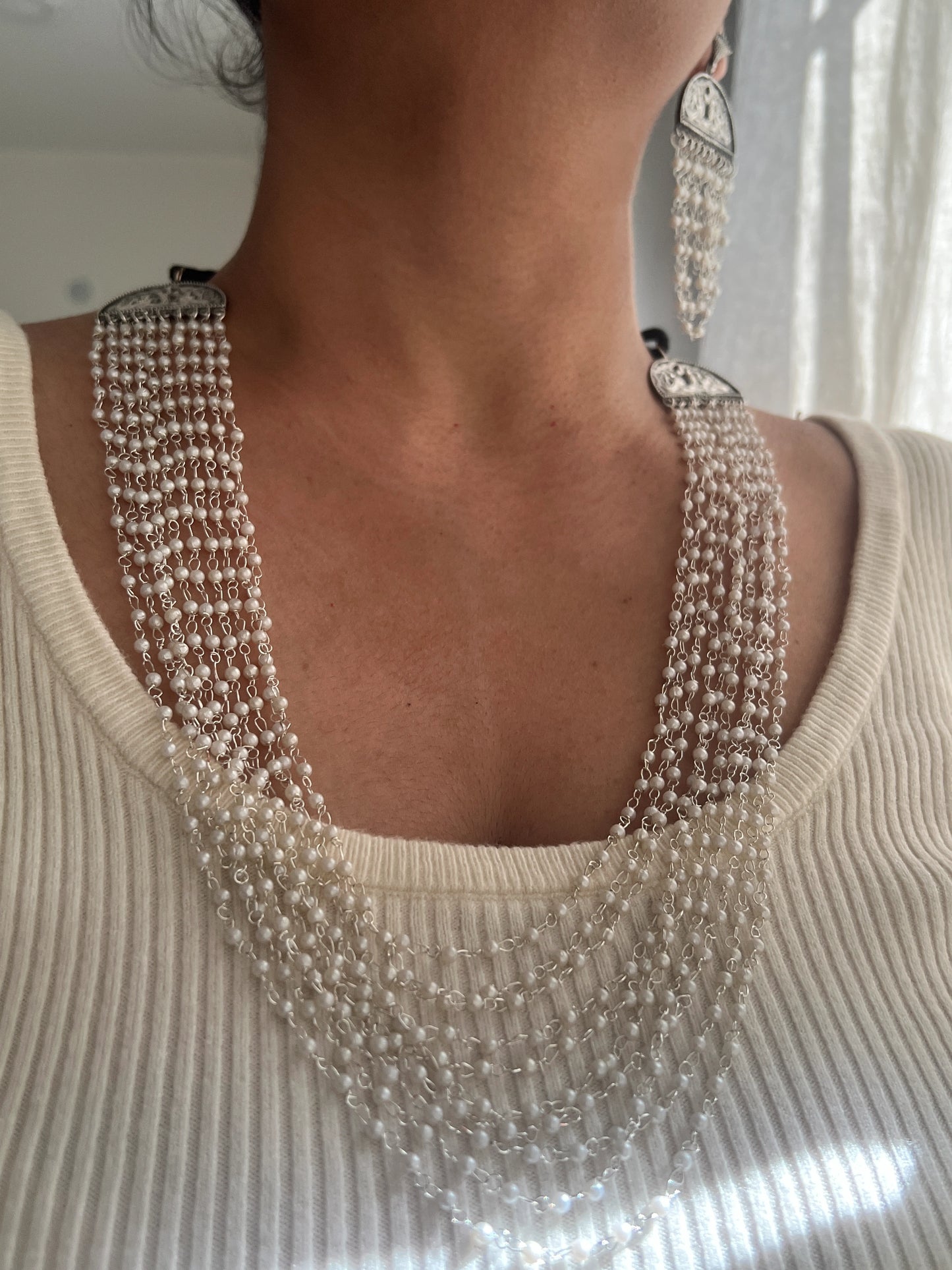 Oxidised pearl multi layer necklace set