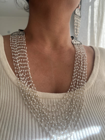Oxidised pearl multi layer necklace set