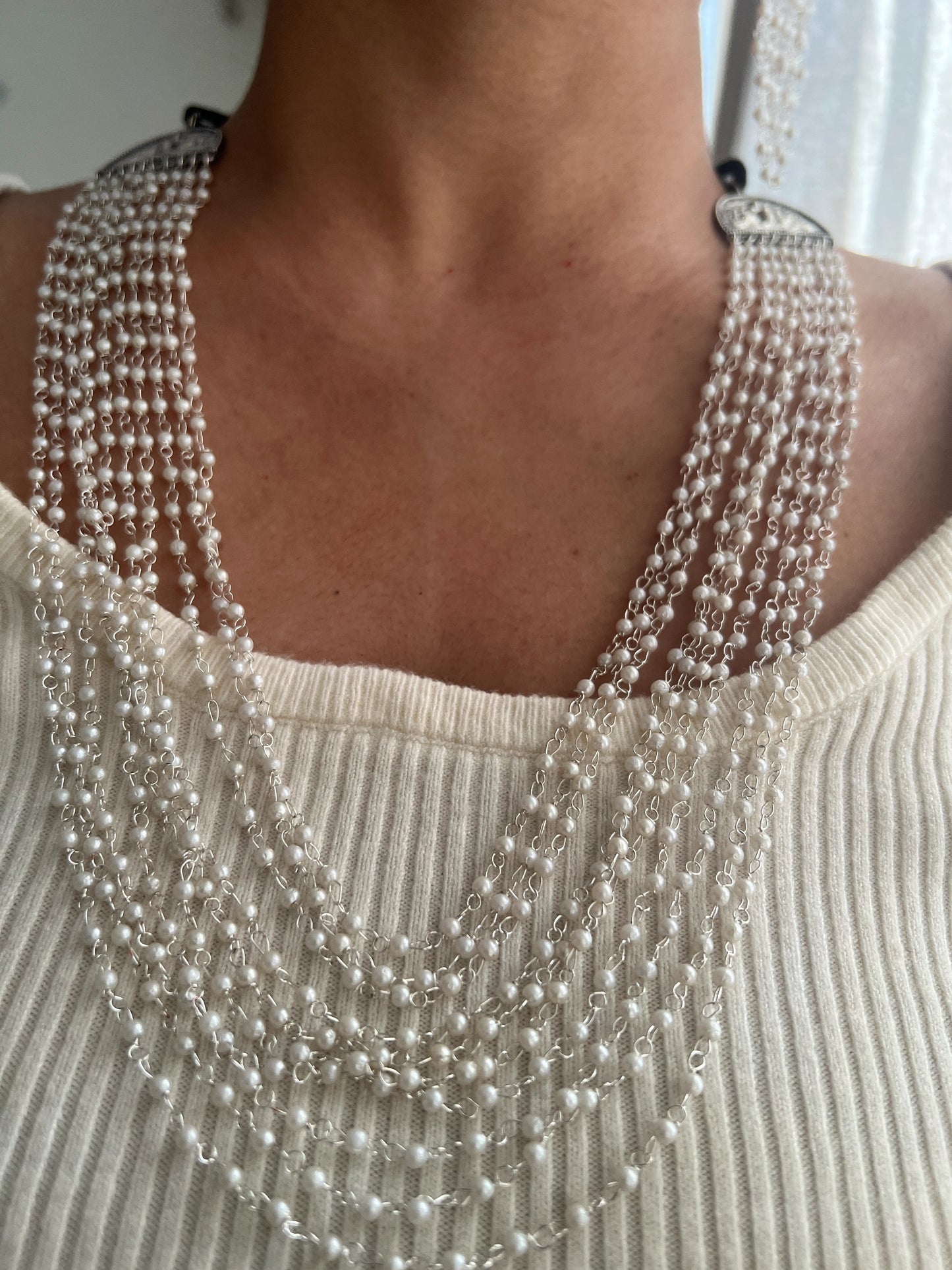 Oxidised pearl multi layer necklace set