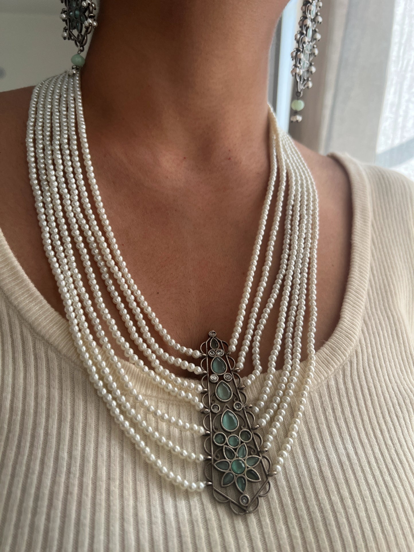 Oxidised pearl multi layer necklace set (mint)
