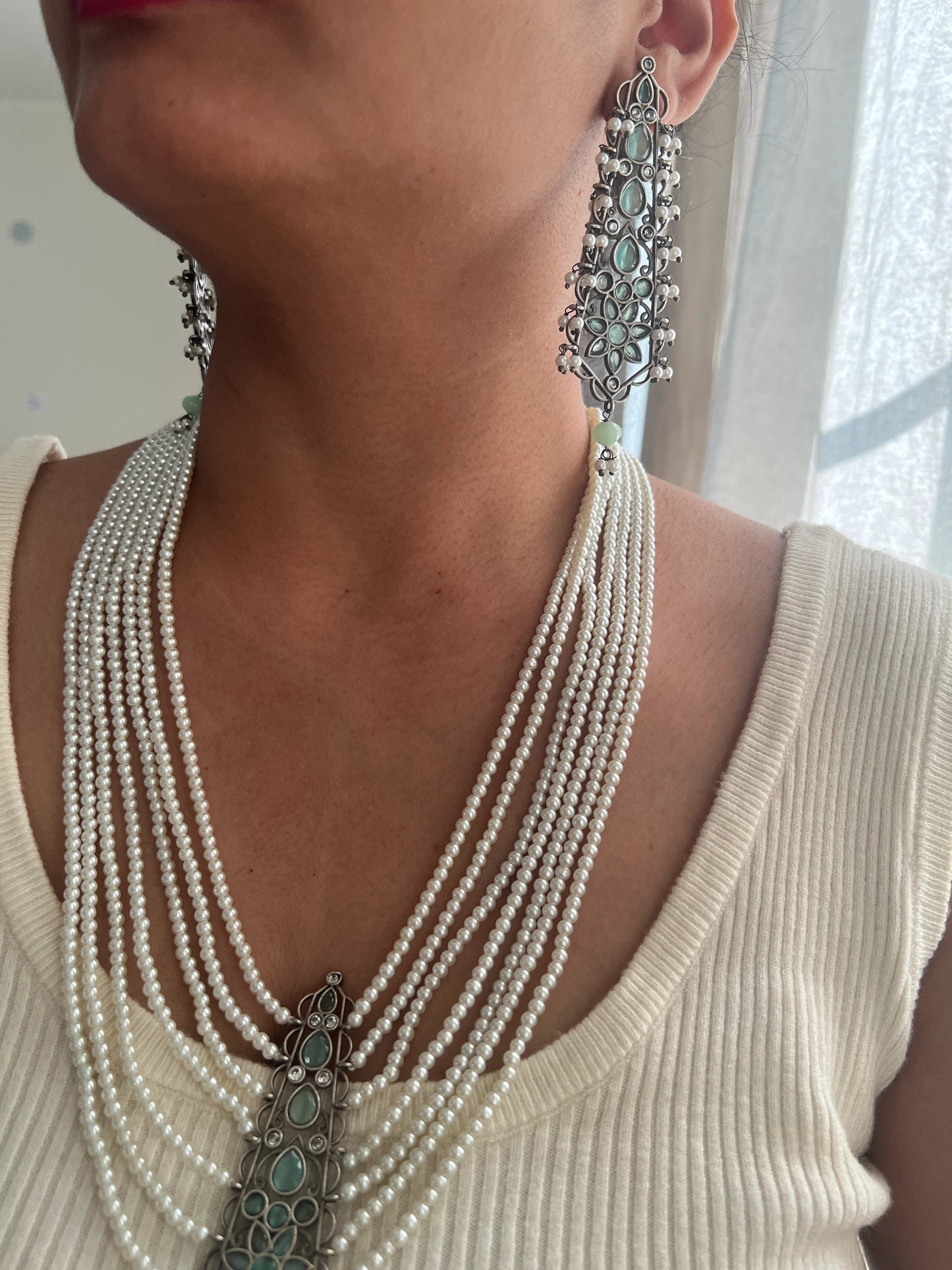 Oxidised pearl multi layer necklace set (mint)