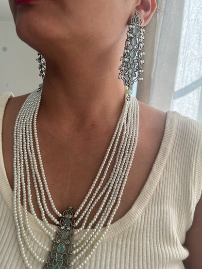 Oxidised pearl multi layer necklace set (mint)