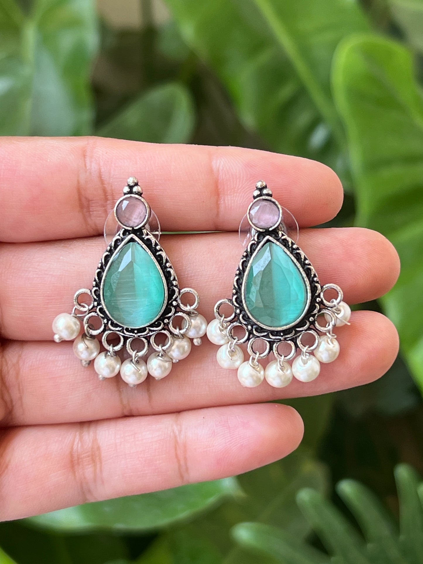 Mint and pink stone earrings