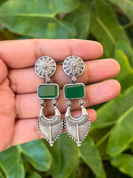Oxidised green stone earrings