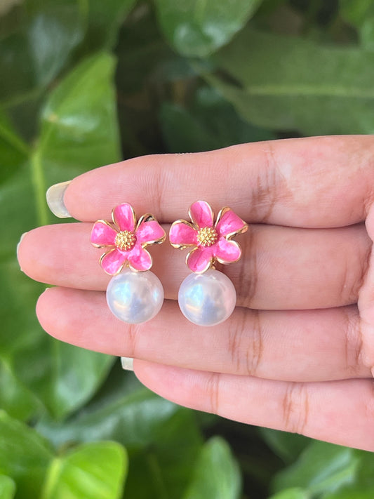 Pink flower drop earrings