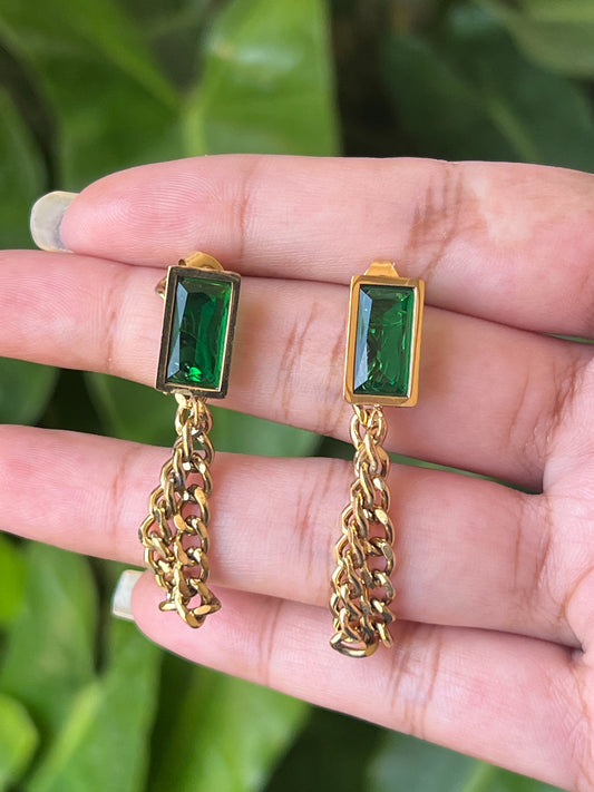 Green stone chain earrings