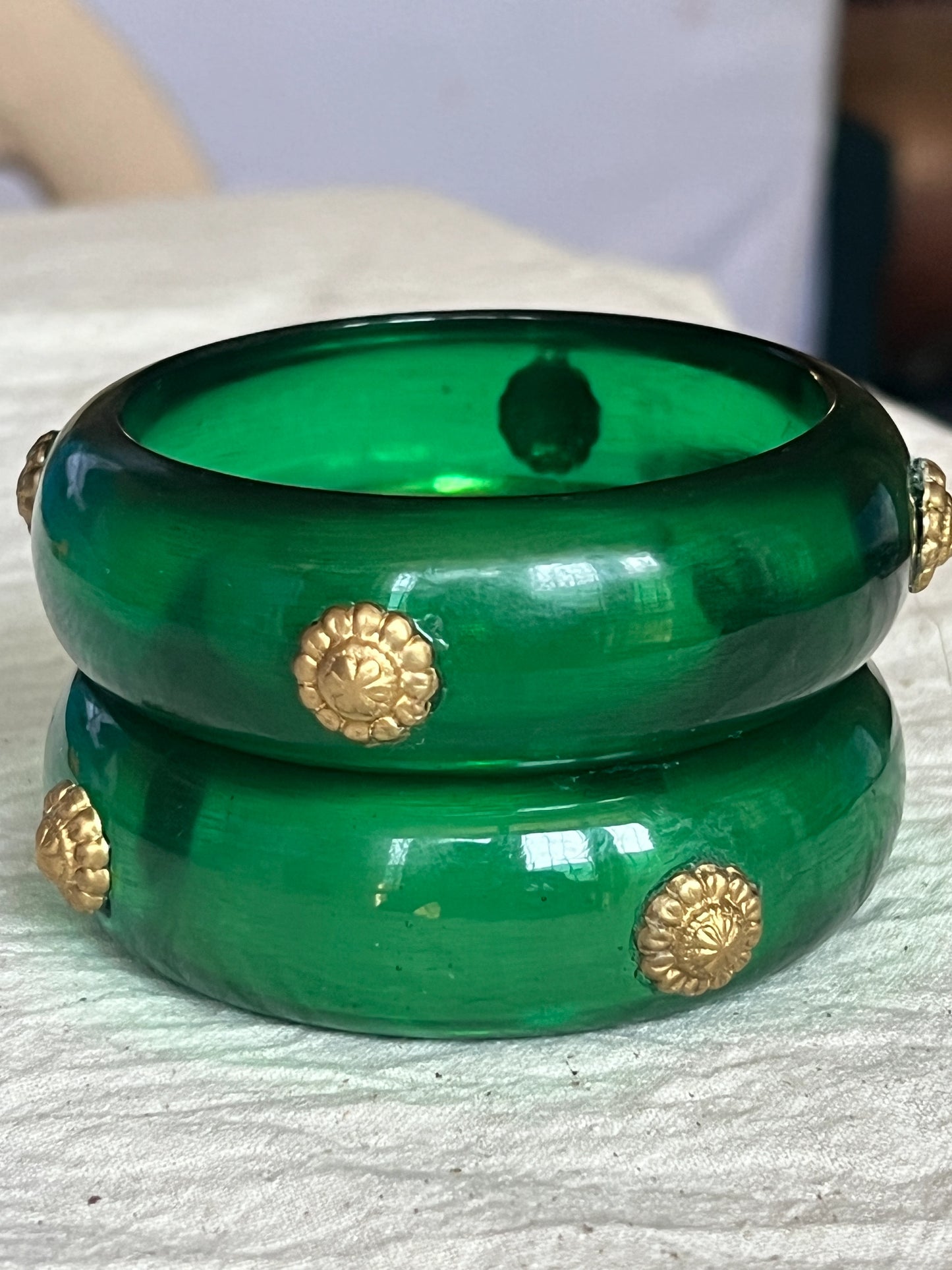 Green Resin bangles with gold motifs