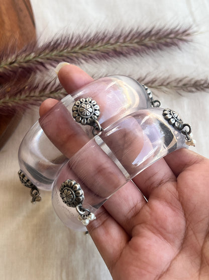 Transparent Resin bangles with silver motifs and pearl hangings