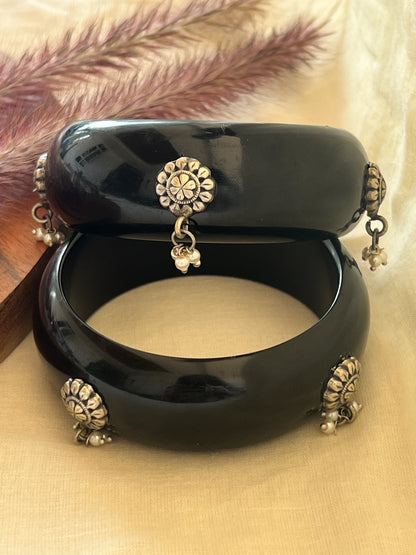 Black Resin bangles with silver motifs and pearl hangings