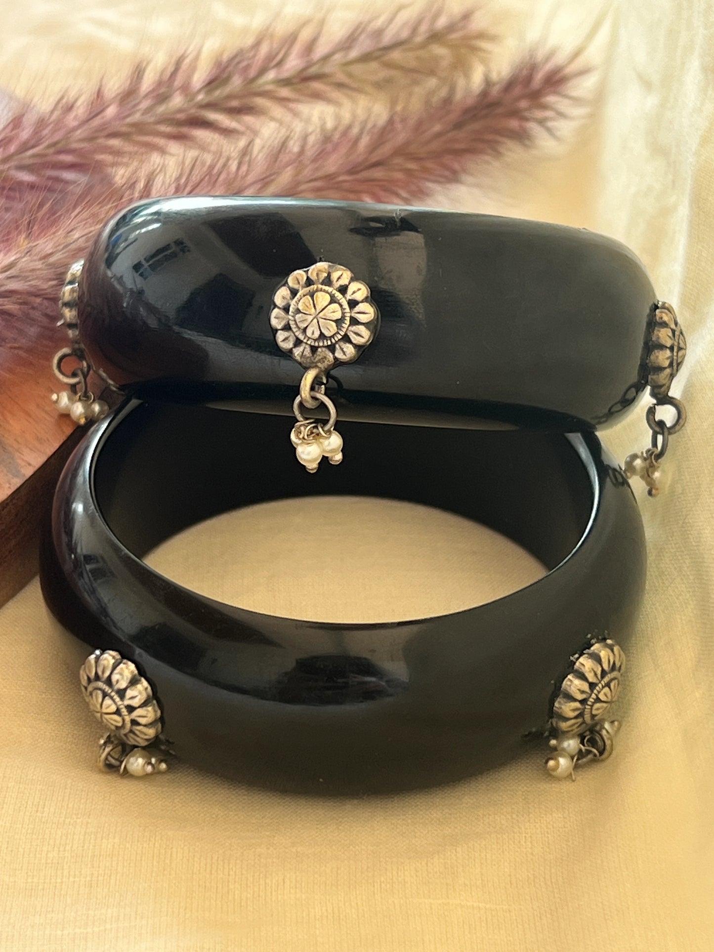 Black Resin bangles with silver motifs and pearl hangings