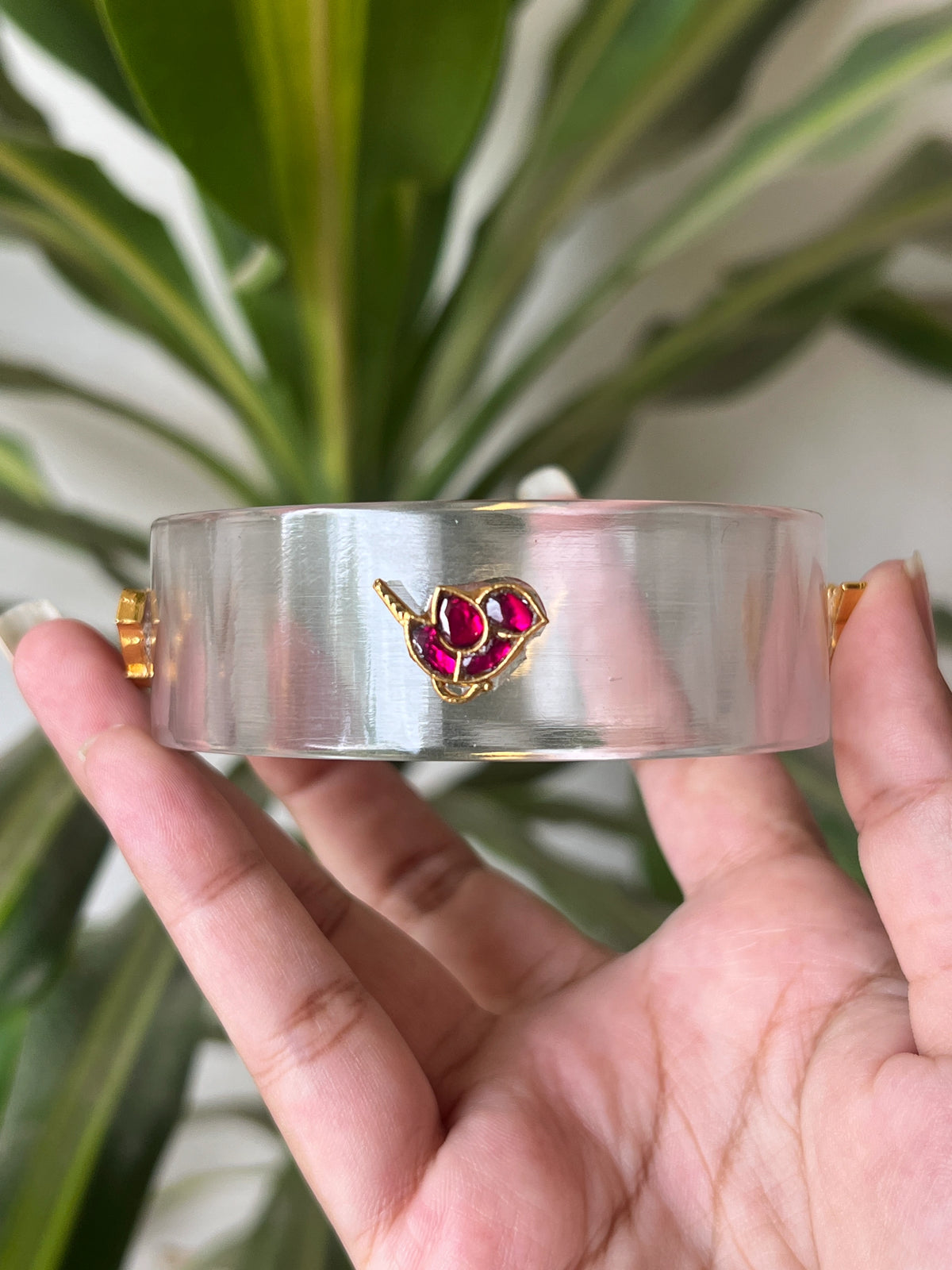 Transparent Resin bangles with kundhan bird motifs (red)