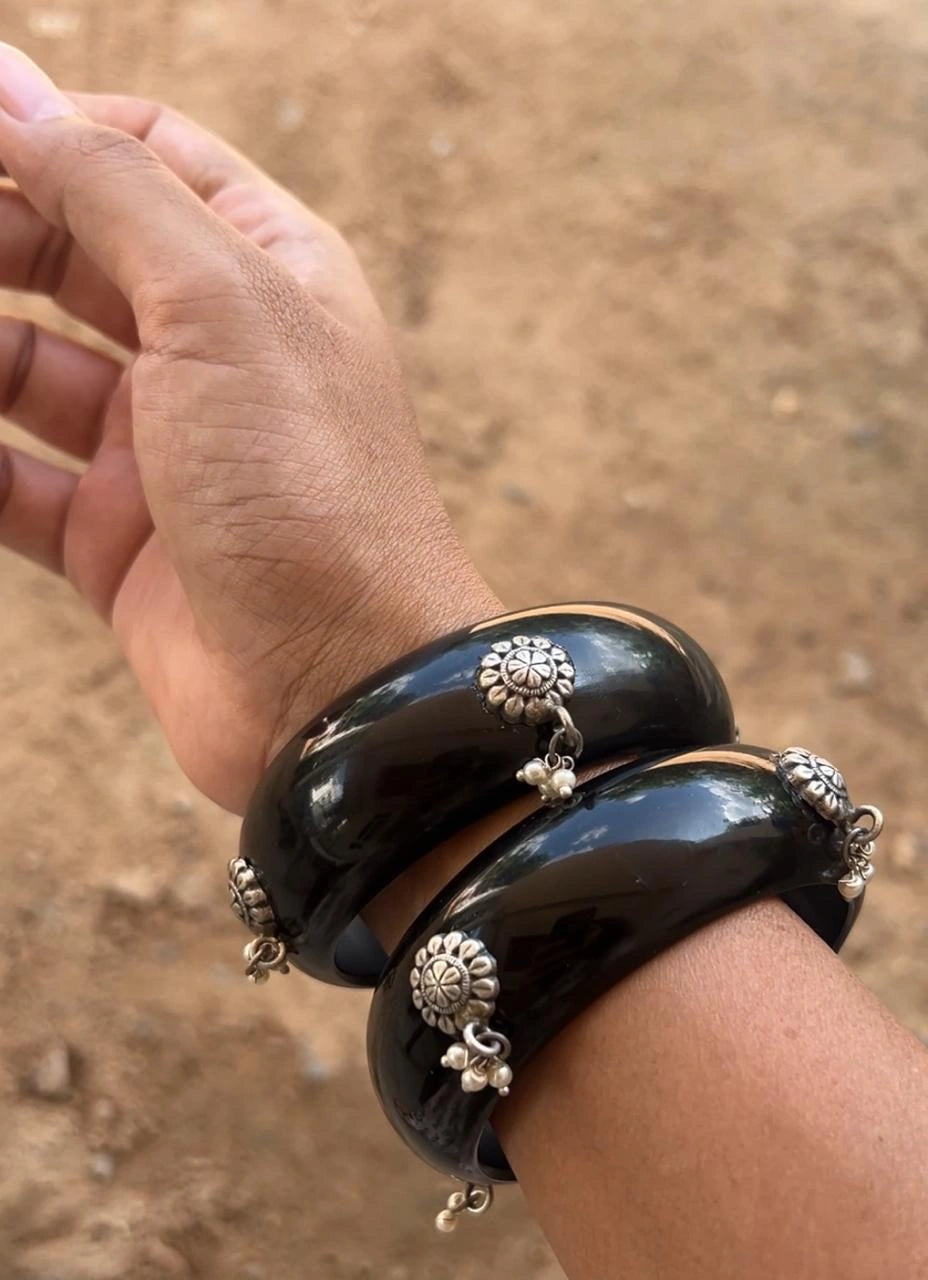 Black Resin bangles with silver motifs and pearl hangings